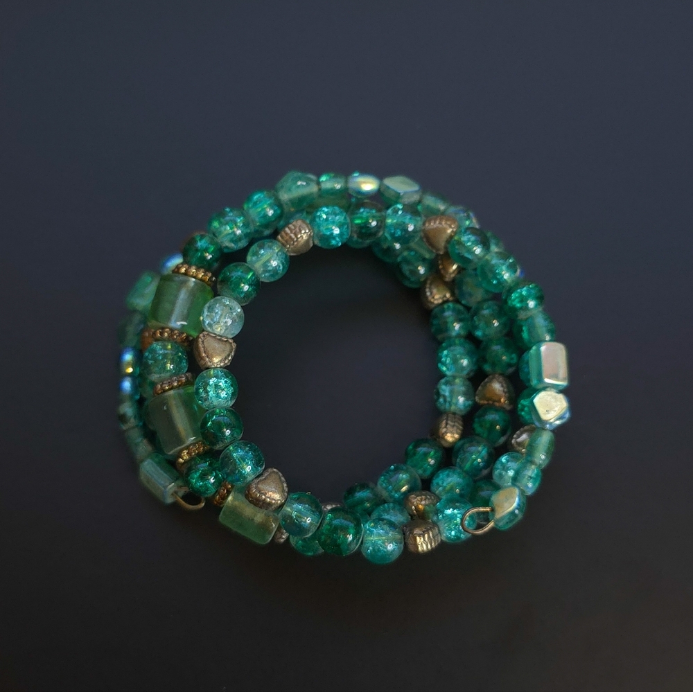 Green Glass Bead Memory Wire Wrap Bracelet